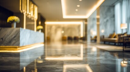 Luxury hotel lobby with marble surfaces and ambient lighting