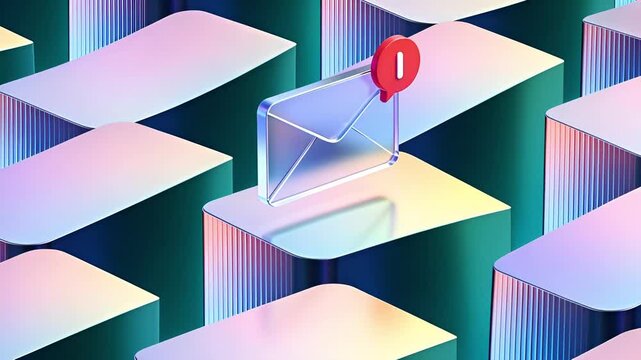 Abstract 3D Render of Email Icon with Notification on Geometric Platforms