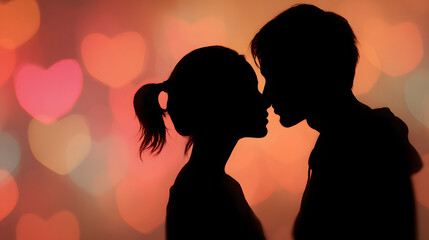 Silhouette of a couple in love with heart bokeh background