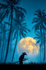 Silhouetted Figure Under Moonlit Palm Trees