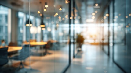 Modern corporate office workspace with glass partitions and natural lighting
