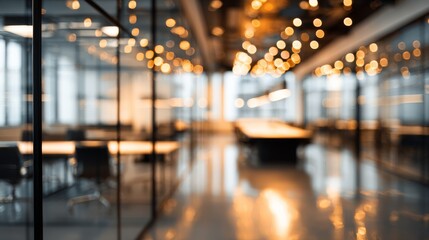 Modern corporate office workspace with glass partitions and natural lighting