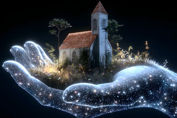 Whimsical Church Emerging from a Cosmic Hand