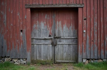 Old weathered barn double wooden doors. Peeling red paint aged grey wood texture. Rustic farm building with stone foundation, green grass in front. Traditional country architecture in rural Finland.