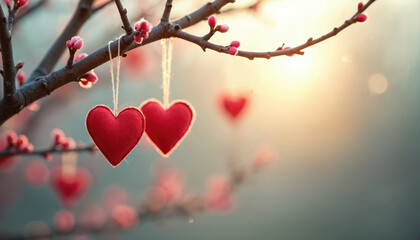 Two red hearts hang from blossoming tree branches in spring. Heart decorations symbolize love on Valentine Day. Blurred background with pink flowers and soft sunlight.