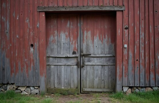 Old weathered barn double wooden doors. Peeling red paint aged grey wood texture. Rustic farm building with stone foundation, green grass in front. Traditional country architecture in rural Finland. - Powered by Adobe