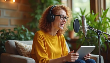 Joyful young woman records podcast at home studio. She wears headphones, speaks into pro mic, holds tablet. Content creator works in a cozy room with green plants, produces digital audio.
