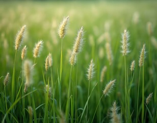 Meadow grass with fluffy seed heads gently sways in soft light. Lush green stems and delicate blossoms create a serene natural backdrop. Wild flora flourishes in a peaceful field.