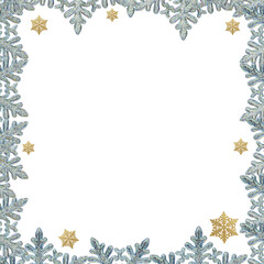 Christmas square frame with glittering silver and gold snowflakes. Winter holiday border background with copy space for text greeting.