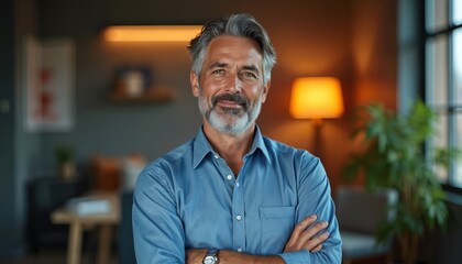Mature man in blue shirt poses with arms crossed. Adult male has grey hair and a beard. Portrait shows calm face and confident expression. Professional businessman in a home interior.