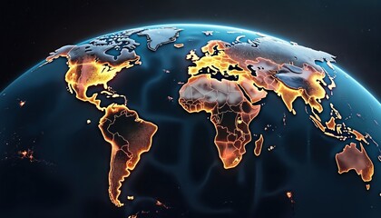 Digital world map shows glowing continents from space. Orange light outlines landmasses, global network, communication, tech. Earth planet illustrates modern connectivity, energy flow, urbanization.