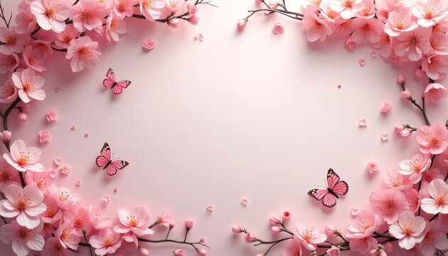 Pink cherry blossom branches with delicate flowers frame light pink background. Three pink butterflies flutter among blooms. Beautiful spring border design suits wedding cards, party invites, lovely