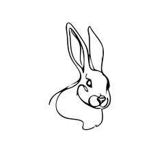 Minimal black and white line art illustration of a cute Easter bunny head — simple hand-drawn rabbit face, adorable spring holiday character for festive design and seasonal decoration