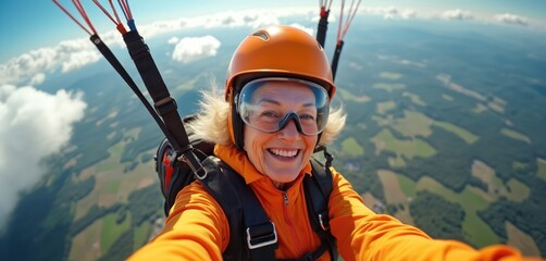Fototapeta premium Smiling mature woman paraglides, arms wide open, enjoying scenic aerial view. She wears orange helmet and goggles for safety during this thrilling outdoor adventure, experiencing pure freedom and joy.