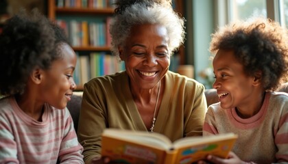 An elderly Black woman reads a book to two young children in a cozy library setting. They share happy smiles while enjoying a story together. The scene shows connection and togetherness.
