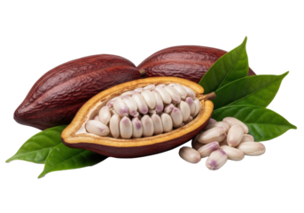Fresh raw cocoa beans in a split pod, two whole dark pods, and vibrant green leaves on a transparent background, sharp focus, shadowless. Concept of purity and natural ingredients