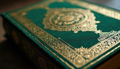 Close up on richly decorated Quran cover with golden embossing. Elegant book classic islamic script. Deluxe manuscript intricate detail, elaborate aesthetic patterns on dark green background.