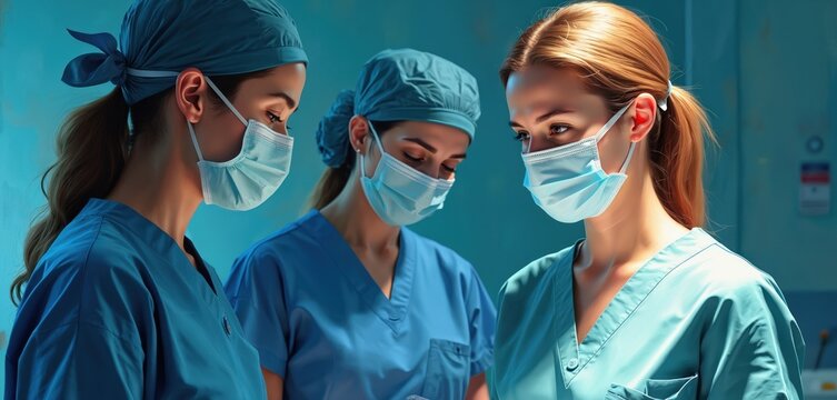 Three nurses in blue scrubs and surgical caps collaborate closely in a medical environment. Their faces are partially covered by surgical masks, conveying seriousness and focus on patient care.