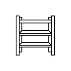 A simple line drawing of a three-tiered shelf unit with a minimalist design.
