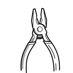A detailed black and white line drawing of a pair of pliers, a common hand tool used for gripping and cutting.