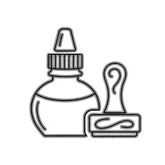 A black and white outline illustration of an ink bottle and a stamp.