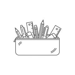 A line art illustration of a pencil case filled with various stationery items including pens, pencils, and rulers.