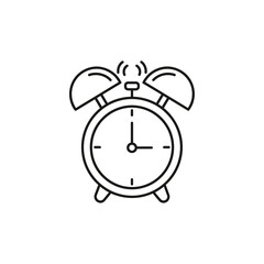 A simple black and white line drawing of a classic alarm clock with two bells on top.