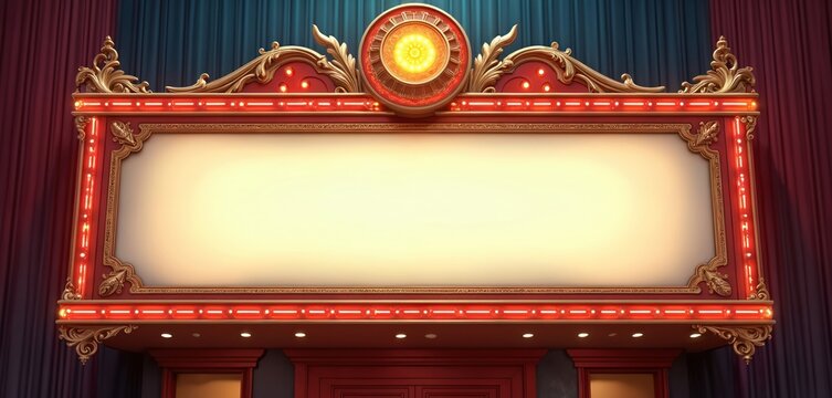 Classic ornate cinema marquee blank screen. Golden frame design with red details, bright neon lights. Stands against blue, red stage curtains. Space shows event show advertising posters.