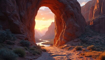 Couple walk on path in canyon arch. Desert landscape has mountains river at sunset. Arches National Park is a destination for travel vacation, hiking adventure, trekking around world.