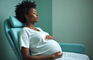 Pregnant Black woman rests comfortably in modern medical examination chair. Wears white hospital gown, eyes closed, hands gently on baby bump. Expectant mother feels peaceful at important antenatal
