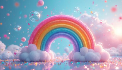 Rainbow stands on white soft clouds, bubbles float in air. Gradient colors shine on curved bright surface. Shiny confetti glitters on ground. Sweet magic background for kids designs and art projects.