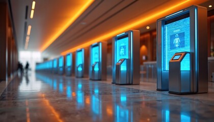 Modern security checkpoint with blue light screens. Digital identity verification scanners allow fast secure access. Automatic biometric scan processes travellers. Hallway offers efficient travel