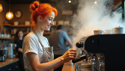 Red-haired young woman barista smiles making fresh hot coffee. Expertly prepares espresso drink on pro machine with steam in noisy cafe environment. Morning activity involves serving customers,