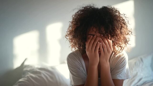 A curly-haired woman sits slumped on her bed, hands covering her face in frustration or sadness. The bright, calm setting contrasts with her inner turmoil