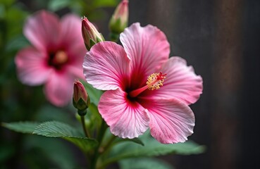 Fototapeta premium Pink hibiscus flower opens its petals in summer garden. Delicate petals show vibrant color contrast with dark blurry background. Green leaves and buds surround blooming plant.