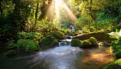 sunbeams illuminate lush jungle tranquil stream flows past miniature waterfall