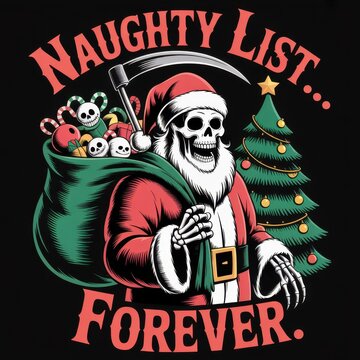 Skeleton Santa Claus With Grim Reaper Scythe And Naughty List Bag