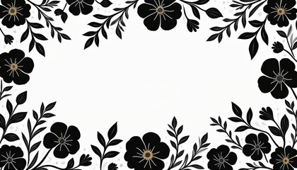 Naklejka premium Black flower branches and leaves create a decorative frame on a white background. Elegant floral pattern for design projects. Minimalist and modern botanical art composition.