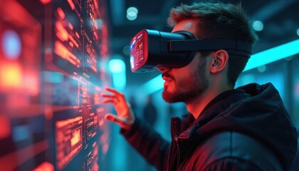 Man wears VR headset interacts with glowing digital interface. Futuristic tech vision. Immersive cyber experience. Data analysis. Future tech interaction.