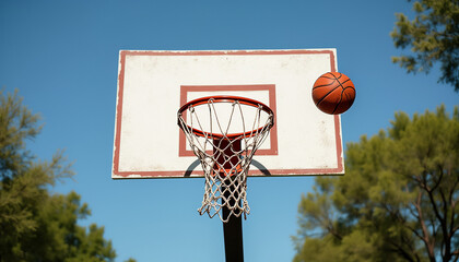 An outdoor basketball court in a park. A basketball backboard with a hoop and net, as well as a basketball in flight, approaching the hoop.