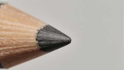 Macro shot of a sharpened graphite pencil tip on a light background.