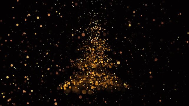 Golden Bokeh Christmas Tree Forming in a Turning Glowing Space.
A glowing golden Christmas tree takes shape from shimmering bokeh particles in a dark, abstract space filled with floating light orbs. 