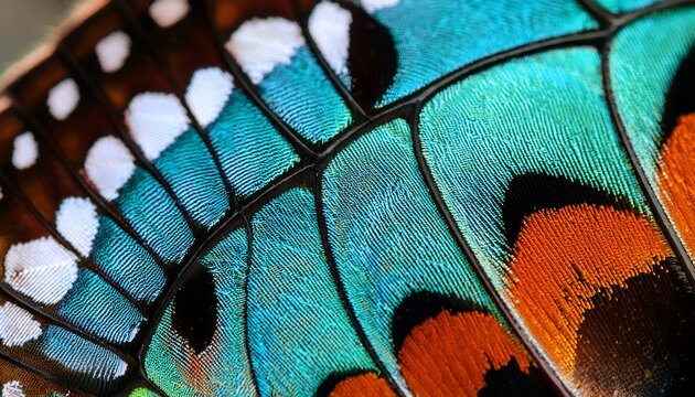close up of a butterfly wing displaying intricate patterns and vibrant colors of turquoise white orange and black