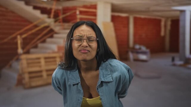 Young hispanic woman wearing glasses leans forward squinting with hands behind back in unfinished building; disgust.