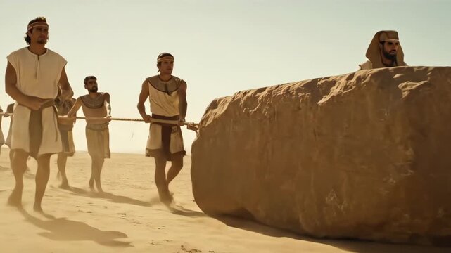 Group of men pulling a monumental stone block through the desert, reenacting ancient construction methods. Pseudo-documentary footage.