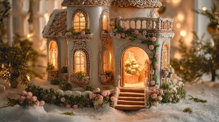 Fototapeta premium Stunningly detailed gingerbread fairytale castle glows warmly in a magical snowy winter wonderland setting