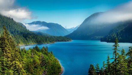 Naklejka premium lake crescent in olympic national park washington deep blue waters framed by misty mountains and forest