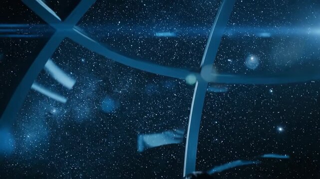 Woman astronaut pilots spaceship in futuristic cockpit. She operates digital controls amid starry cosmos. Sci-fi space exploration mission with advanced interface technology. Space adventure footage.