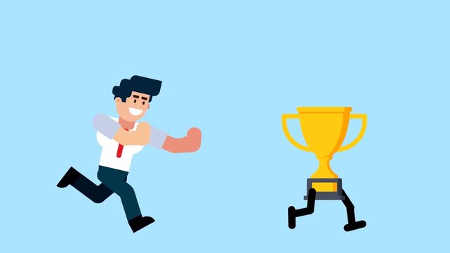 A businessman runs after a walking trophy, symbolizing pursuit of success, achievement, ambition, and business goals, on a blue background.

