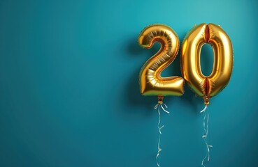 Golden number 20 foil balloons float on blue wall background. Vibrant image celebrates milestone birthday, anniversary, important corporate event. Shiny helium decoration creates festive mood. Copy